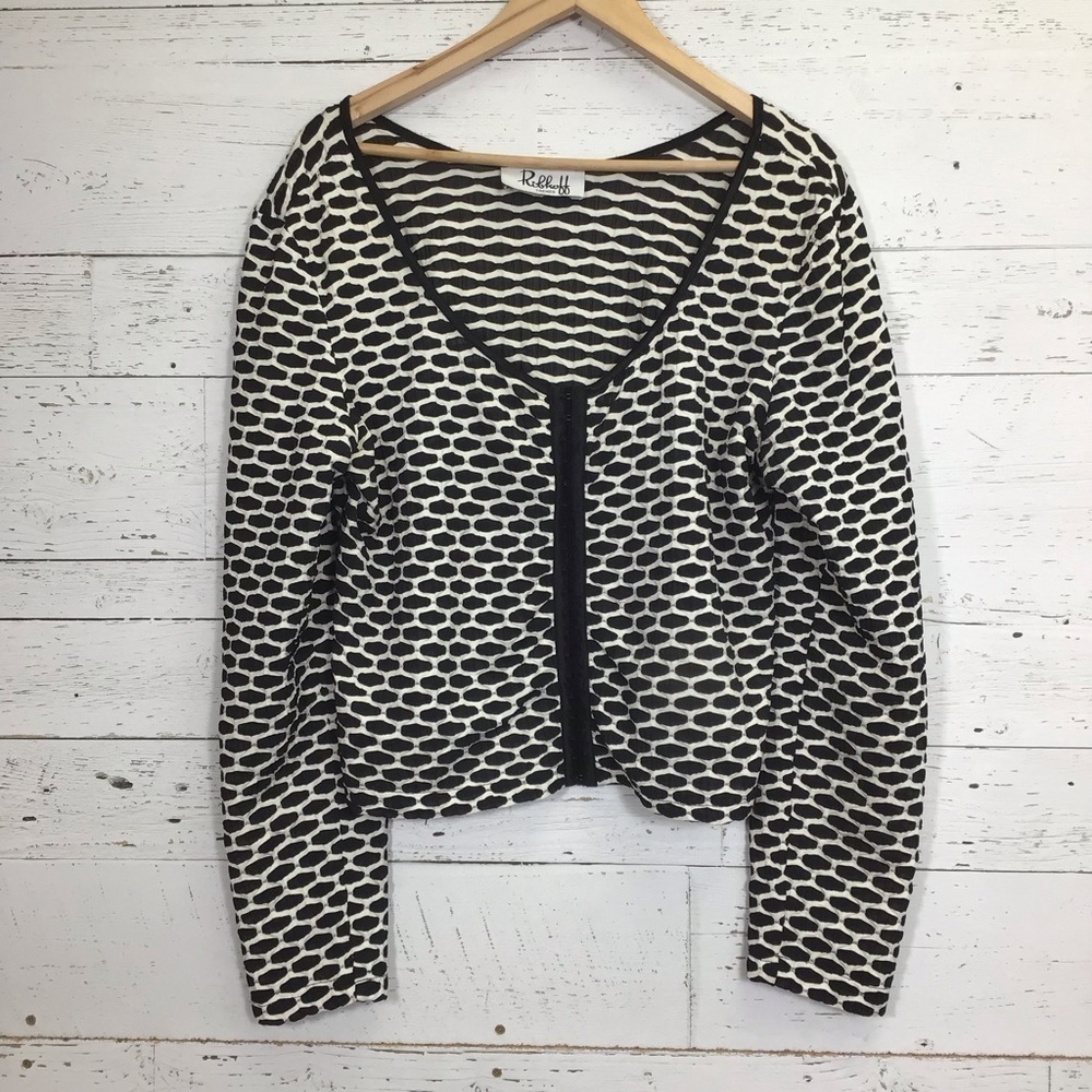 JOSEPH RIBKOFF Black White Long Sleeve Honeycomb Textured Eyelet Closure Jacket 